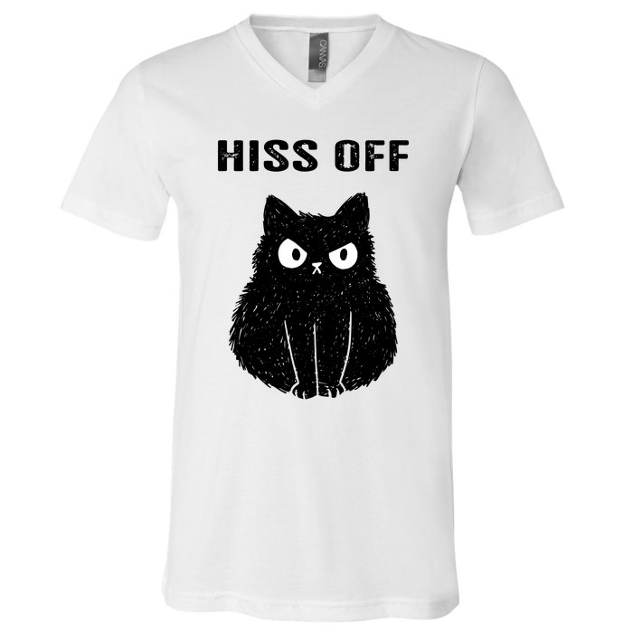 Funny Black Cat Hiss Off Meow Cat V-Neck T-Shirt