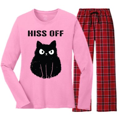 Funny Black Cat Hiss Off Meow Cat Women's Long Sleeve Flannel Pajama Set 