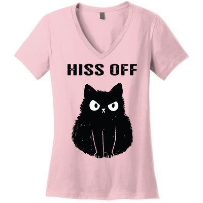 Funny Black Cat Hiss Off Meow Cat Women's V-Neck T-Shirt