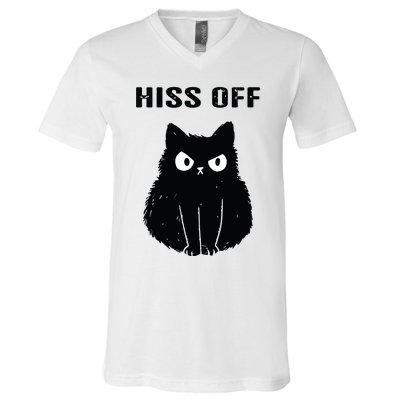 Funny Black Cat Hiss Off Meow Cat V-Neck T-Shirt