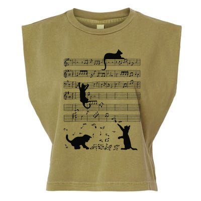 Funny Black Cat Climbing Playing Sheet Music Note Lover Cat Garment-Dyed Women's Muscle Tee