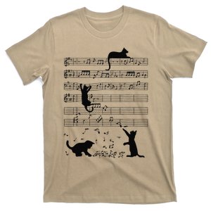 Funny Black Cat Climbing Playing Sheet Music Note Lover Cat T-Shirt