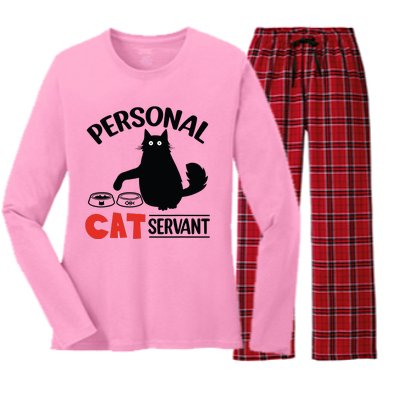 Funny Black Cat Personal Cat Servant Women's Long Sleeve Flannel Pajama Set 