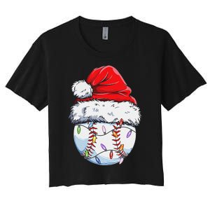 Funny Baseball Christmas Santa Hat Funny Baseball Xmas Holiday Women's Crop Top Tee