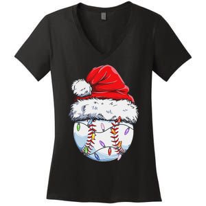 Funny Baseball Christmas Santa Hat Funny Baseball Xmas Holiday Women's V-Neck T-Shirt