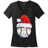 Funny Baseball Christmas Santa Hat Funny Baseball Xmas Holiday Women's V-Neck T-Shirt