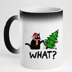 Funny Black Cat Gift Pushing Christmas Tree Over Cat What 11oz Black Color Changing Mug