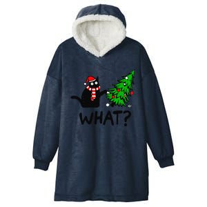 Funny Black Cat Gift Pushing Christmas Tree Over Cat What Hooded Wearable Blanket