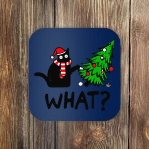 Funny Black Cat Gift Pushing Christmas Tree Over Cat What Coaster