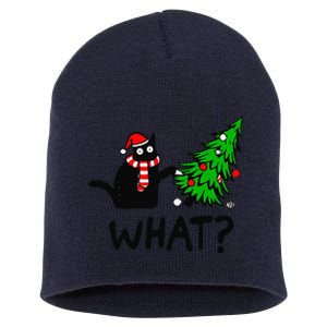 Funny Black Cat Gift Pushing Christmas Tree Over Cat What Short Acrylic Beanie