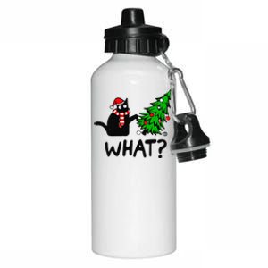 Funny Black Cat Gift Pushing Christmas Tree Over Cat What Aluminum Water Bottle