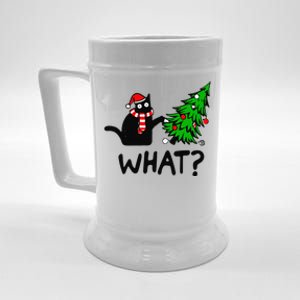 Funny Black Cat Gift Pushing Christmas Tree Over Cat What Beer Stein