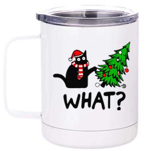 Funny Black Cat Gift Pushing Christmas Tree Over Cat What 12 oz Stainless Steel Tumbler Cup