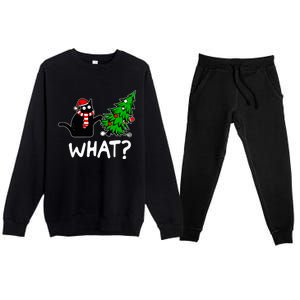 Funny Black Cat Gift Pushing Christmas Tree Over Cat What Premium Crewneck Sweatsuit Set