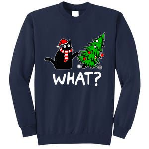 Funny Black Cat Gift Pushing Christmas Tree Over Cat What Tall Sweatshirt