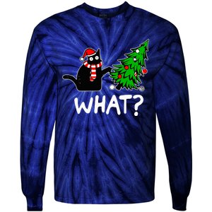 Funny Black Cat Gift Pushing Christmas Tree Over Cat What Tie-Dye Long Sleeve Shirt