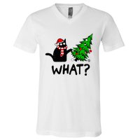 Funny Black Cat Gift Pushing Christmas Tree Over Cat What V-Neck T-Shirt