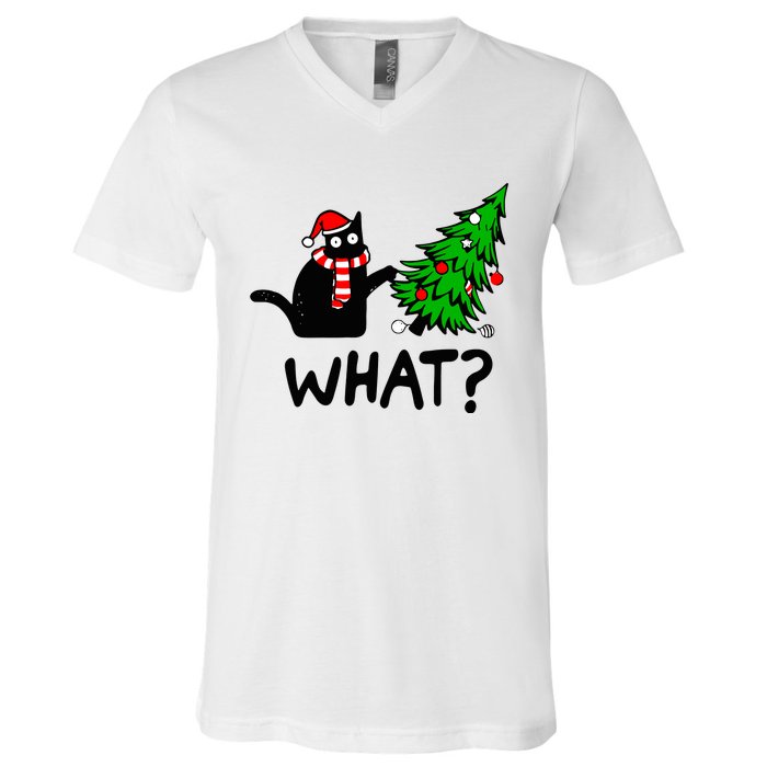 Funny Black Cat Gift Pushing Christmas Tree Over Cat What V-Neck T-Shirt