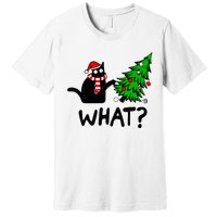 Funny Black Cat Gift Pushing Christmas Tree Over Cat What Premium T-Shirt