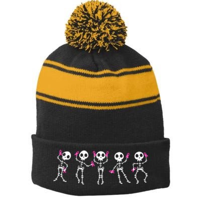 Funny Breast Cancer Awareness Dancing Halloween Skeletons Stripe Pom Pom Beanie