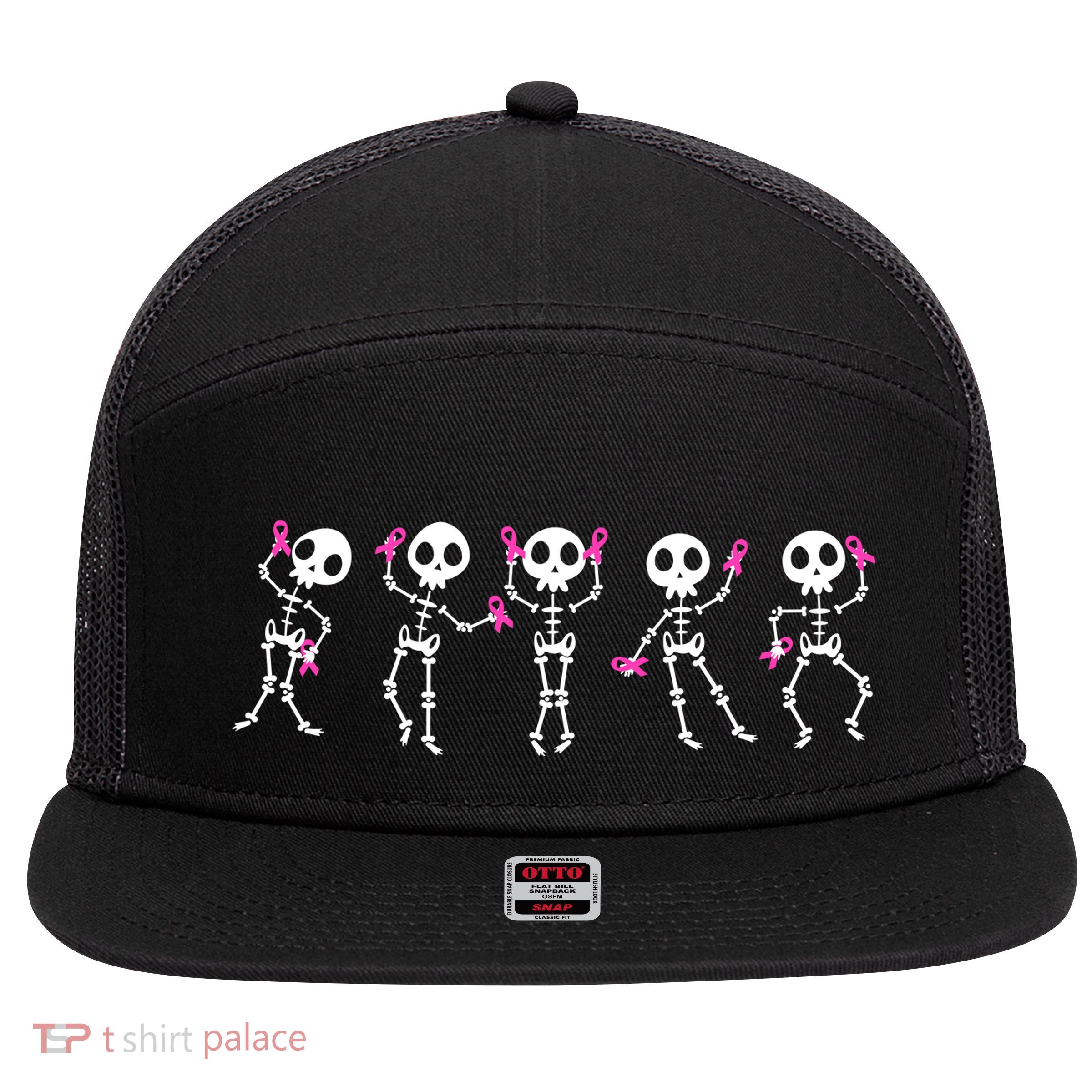 Funny Breast Cancer Awareness Dancing Halloween Skeletons 7 Panel Mesh Trucker Snapback Hat