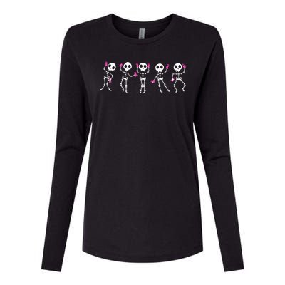 Funny Breast Cancer Awareness Dancing Halloween Skeletons Womens Cotton Relaxed Long Sleeve T-Shirt