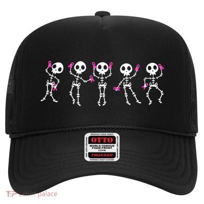 Funny Breast Cancer Awareness Dancing Halloween Skeletons High Crown Mesh Back Trucker Hat