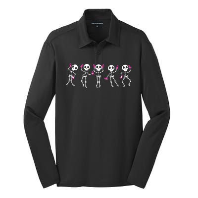 Funny Breast Cancer Awareness Dancing Halloween Skeletons Silk Touch Performance Long Sleeve Polo