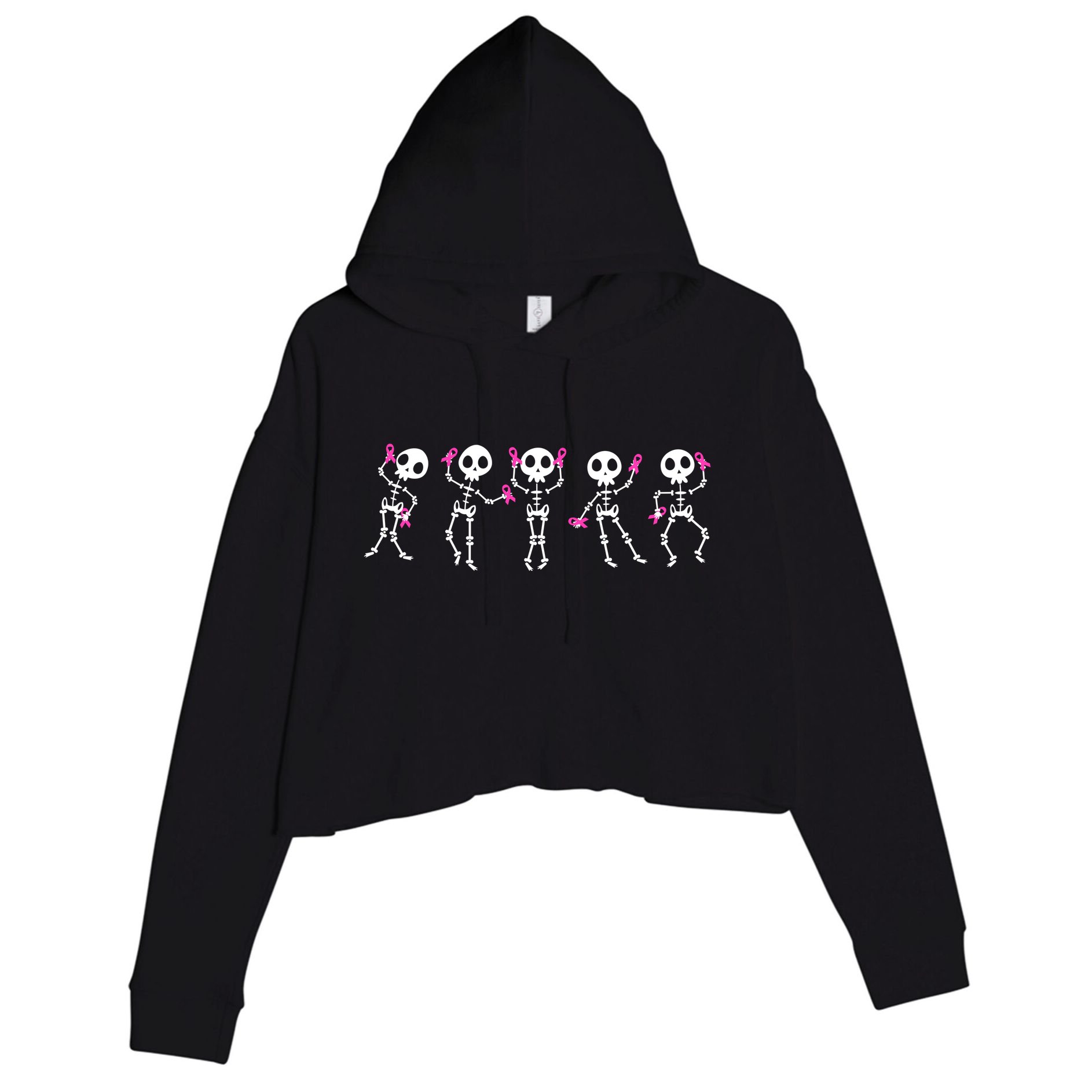 Funny Breast Cancer Awareness Dancing Halloween Skeletons Crop Fleece Hoodie
