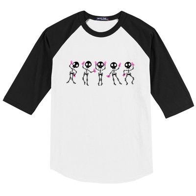 Funny Breast Cancer Awareness Dancing Halloween Skeletons Baseball Sleeve Shirt