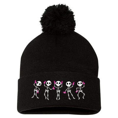 Funny Breast Cancer Awareness Dancing Halloween Skeletons Pom Pom 12in Knit Beanie