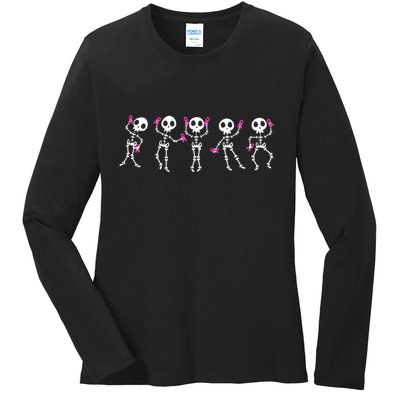 Funny Breast Cancer Awareness Dancing Halloween Skeletons Ladies Long Sleeve Shirt