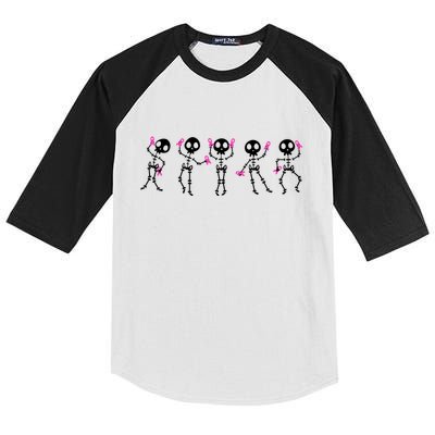 Funny Breast Cancer Awareness Dancing Halloween Skeletons Kids Colorblock Raglan Jersey