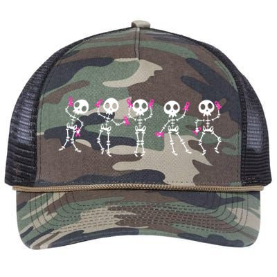 Funny Breast Cancer Awareness Dancing Halloween Skeletons Retro Rope Trucker Hat Cap