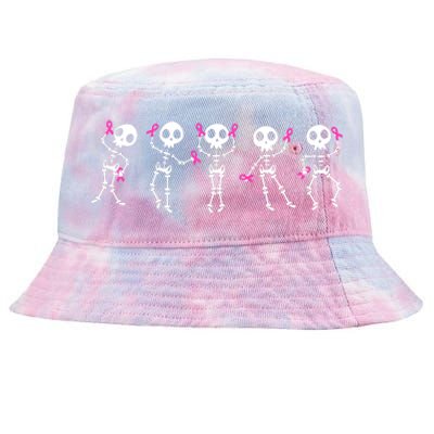 Funny Breast Cancer Awareness Dancing Halloween Skeletons Tie-Dyed Bucket Hat