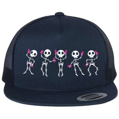 Funny Breast Cancer Awareness Dancing Halloween Skeletons Flat Bill Trucker Hat