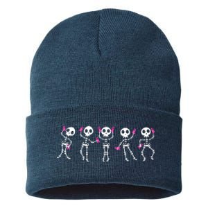 Funny Breast Cancer Awareness Dancing Halloween Skeletons Sustainable Knit Beanie