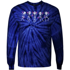 Funny Breast Cancer Awareness Dancing Halloween Skeletons Tie-Dye Long Sleeve Shirt