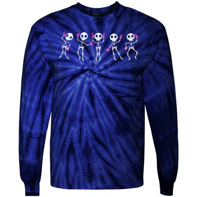 Funny Breast Cancer Awareness Dancing Halloween Skeletons Tie-Dye Long Sleeve Shirt