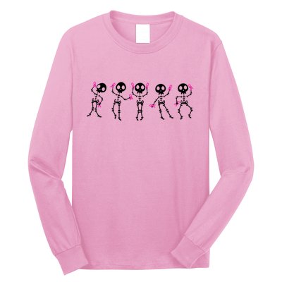 Funny Breast Cancer Awareness Dancing Halloween Skeletons Long Sleeve Shirt