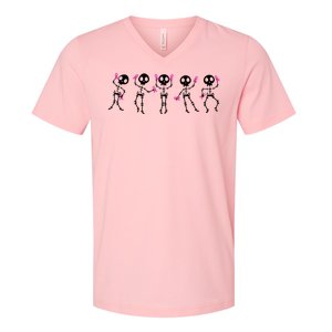 Funny Breast Cancer Awareness Dancing Halloween Skeletons V-Neck T-Shirt