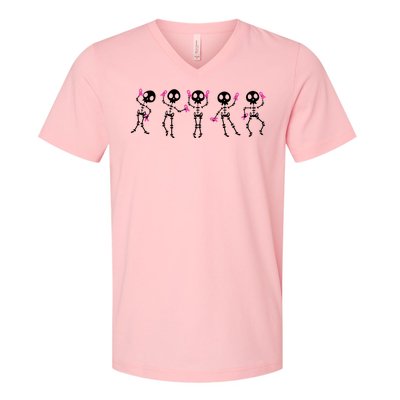 Funny Breast Cancer Awareness Dancing Halloween Skeletons V-Neck T-Shirt