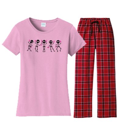 Funny Breast Cancer Awareness Dancing Halloween Skeletons Women's Flannel Pajama Set