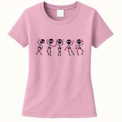 Funny Breast Cancer Awareness Dancing Halloween Skeletons Womens T-Shirt