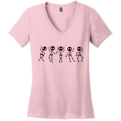 Funny Breast Cancer Awareness Dancing Halloween Skeletons Women's V-Neck T-Shirt