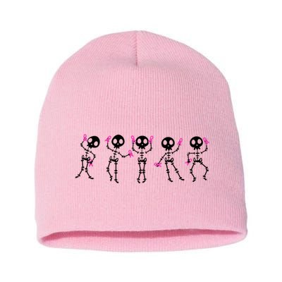 Funny Breast Cancer Awareness Dancing Halloween Skeletons Short Acrylic Beanie