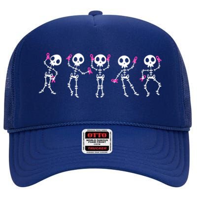 Funny Breast Cancer Awareness Dancing Halloween Skeletons High Crown Mesh Back Trucker Hat