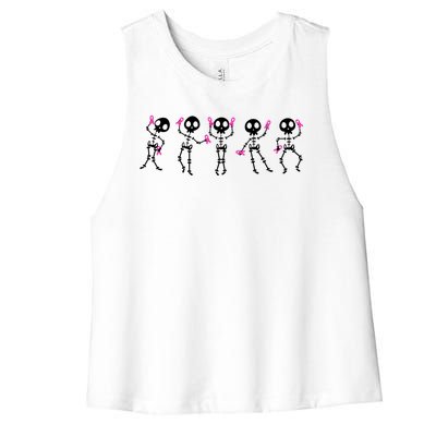 Funny Breast Cancer Awareness Dancing Halloween Skeletons Women's Racerback Cropped Tank