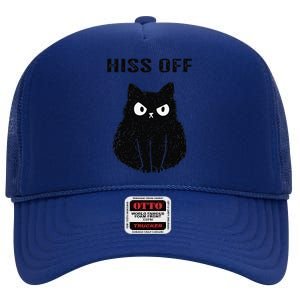 Funny Black Cat Hiss Off Meow Cat High Crown Mesh Back Trucker Hat