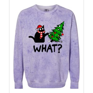 Funny Black Cat Gift Pushing Christmas Tree Over Cat What? Gift Colorblast Crewneck Sweatshirt